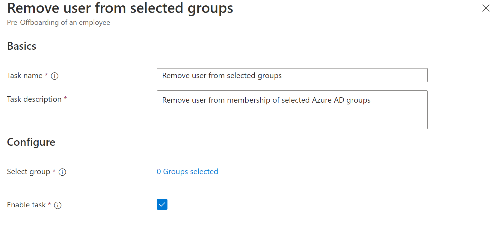 Képernyőkép a Munkafolyamatok feladatról: Felhasználó eltávolítása a kijelölt csoportokból.