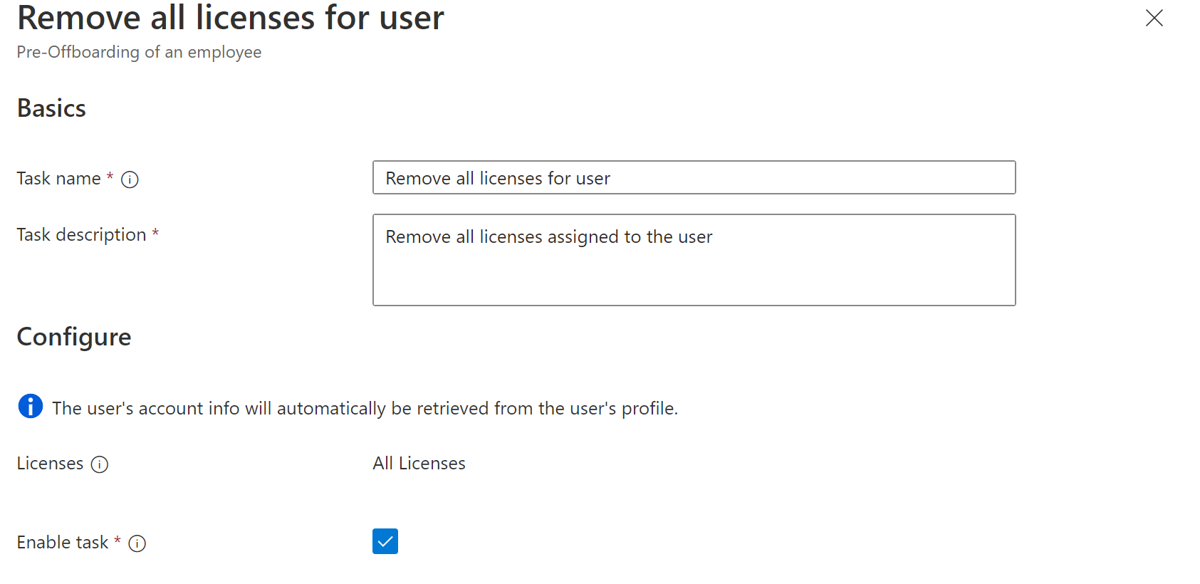 Képernyőkép a Munkafolyamatok feladatról: távolítsa el az összes licencet a felhasználóktól.
