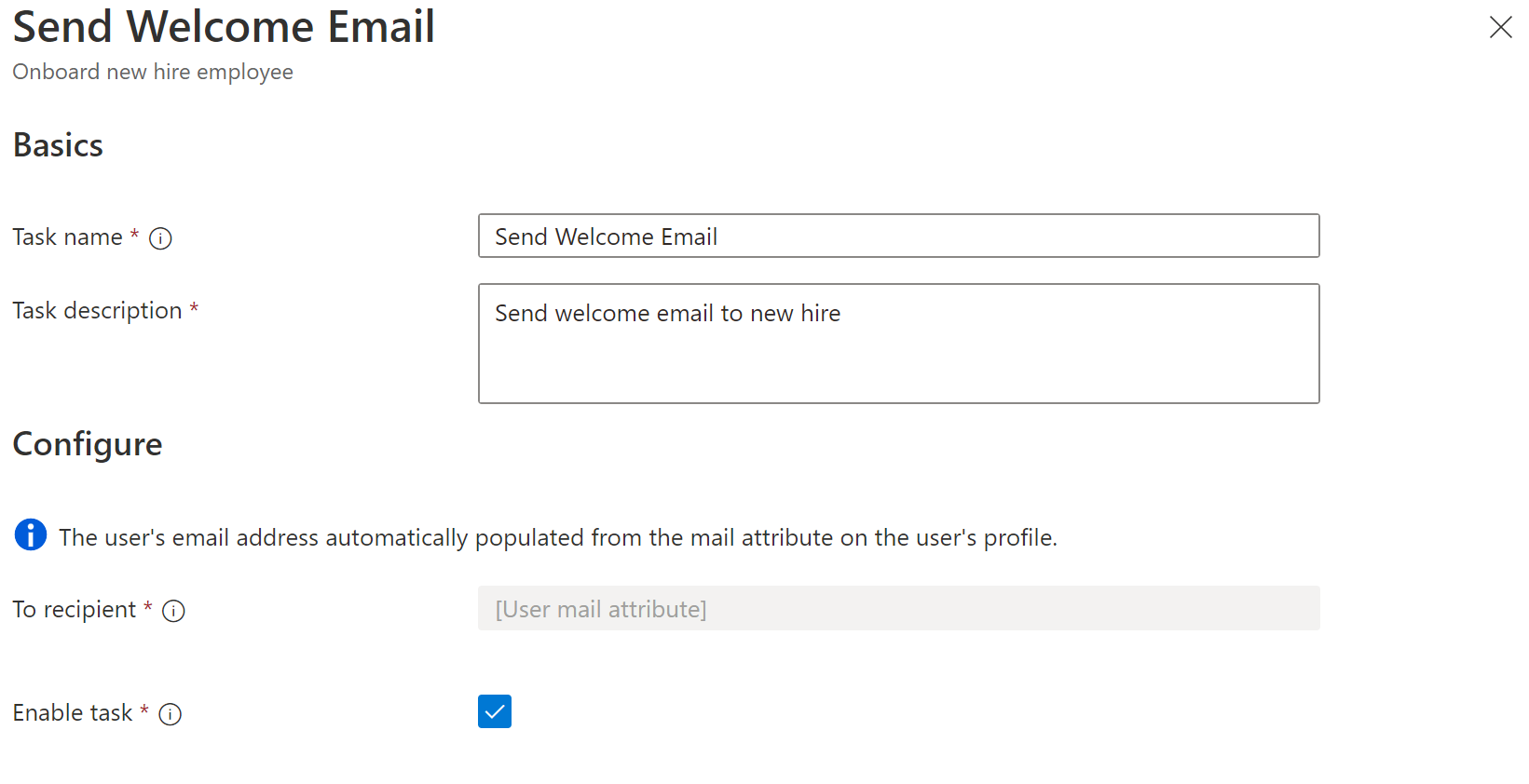 Képernyőkép a Munkafolyamatok feladatról: Üdvözli az e-mail-feladat.