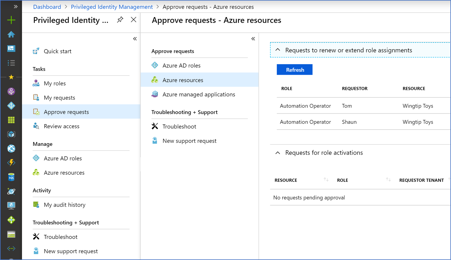 Képernyőkép a Kérelmek jóváhagyása – Azure-erőforrások lapról, amelyen a felülvizsgálati kérelem látható.