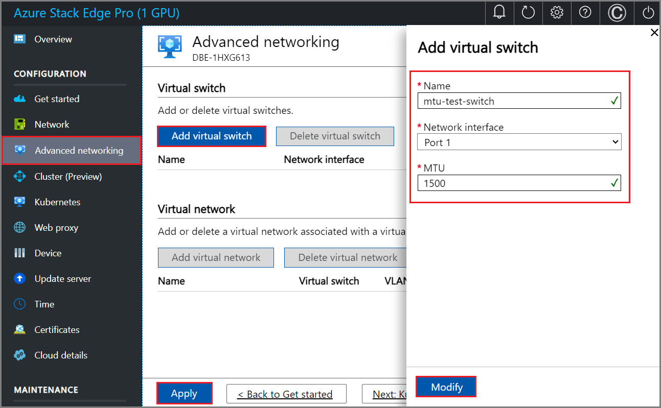 Képernyőkép a Virtuális kapcsoló beállításainak hozzáadása a Speciális hálózatkezelés lapon a helyi felhasználói felületen