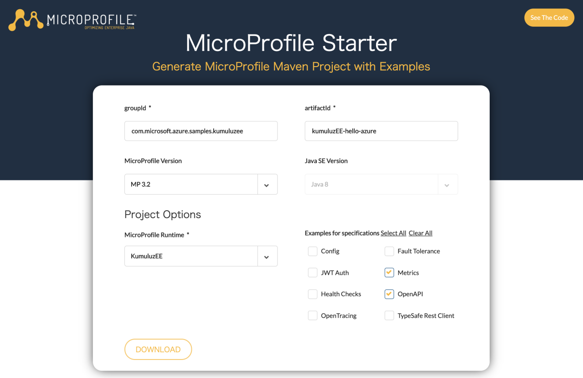 Képernyőkép a MicroProfile Starterről, amelyen a Kumuluz Enterprise kiadás futtatókörnyezet van kiválasztva.