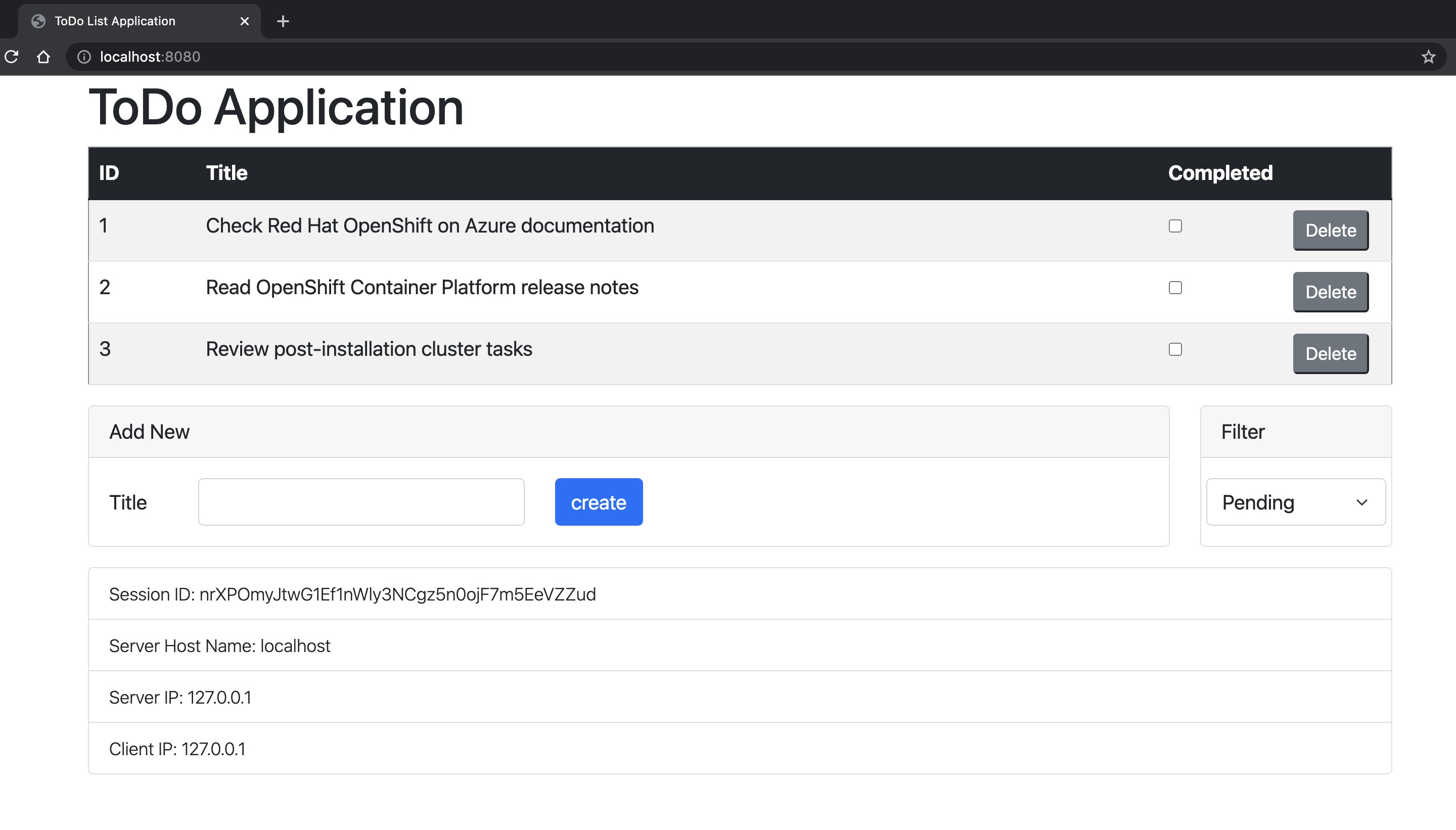Képernyőkép a ToDo EAP bemutatóalkalmazásról.