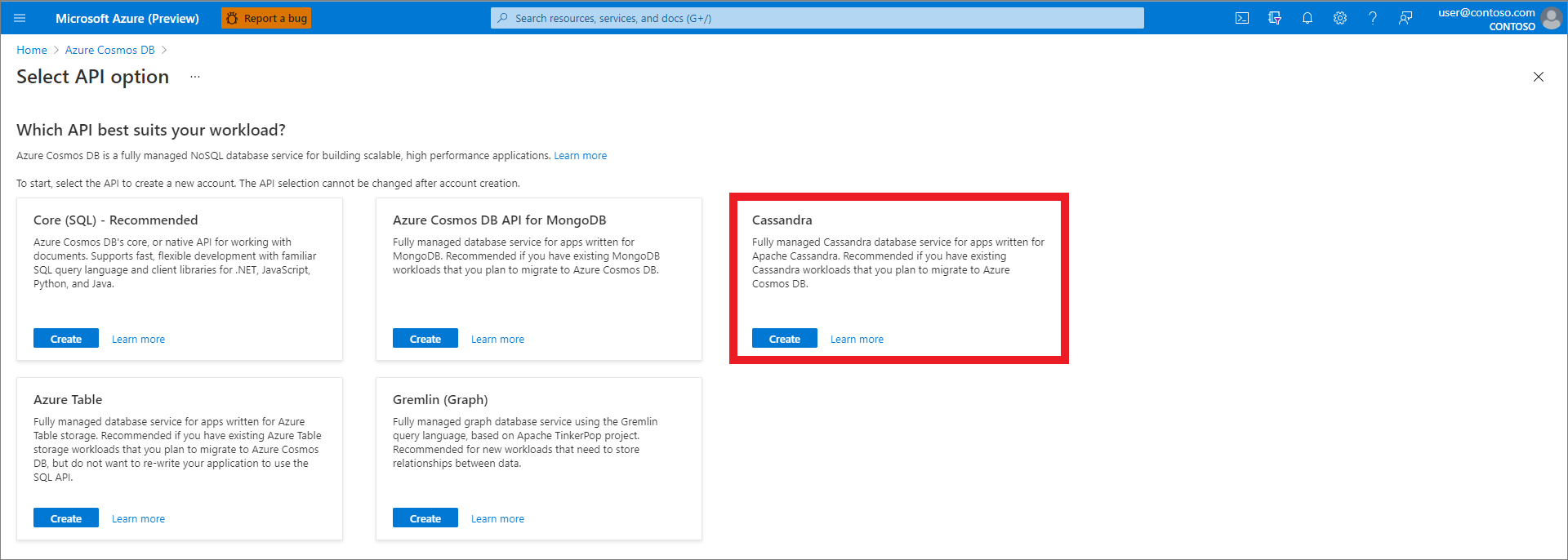 Azure portal, create a resource, select API option, Cassandra selected.