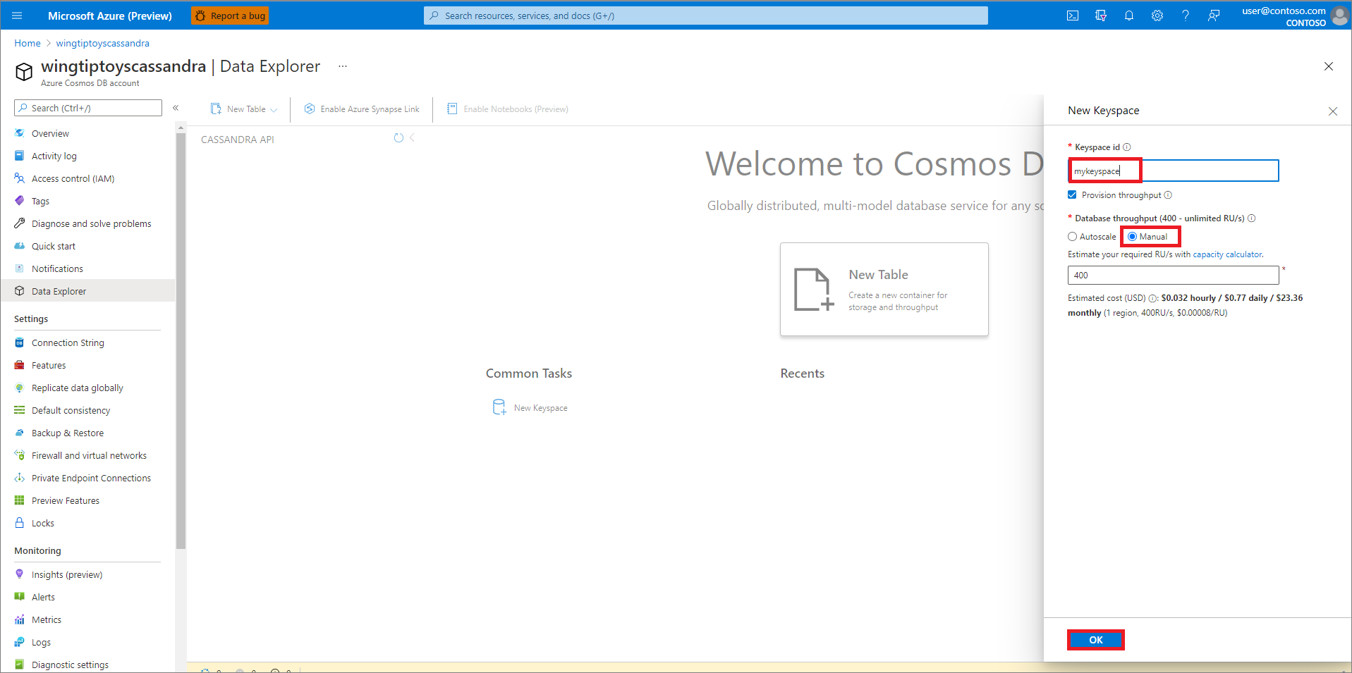 Create a Cosmos DB keyspace.