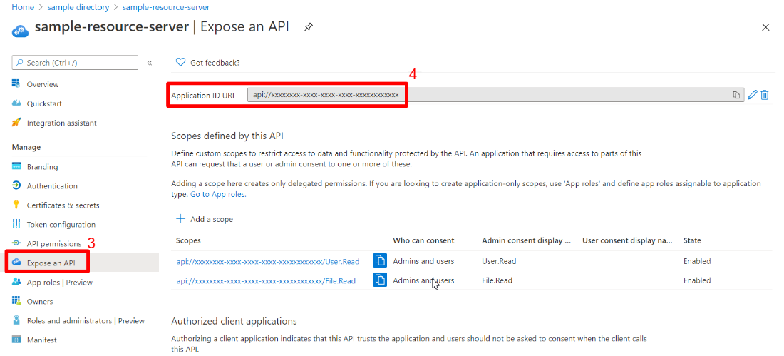 Képernyőkép az Azure Portalról, amelyen a webalkalmazás megjelenít egy API-lapot, amelyen az alkalmazásazonosító URI van kiemelve.