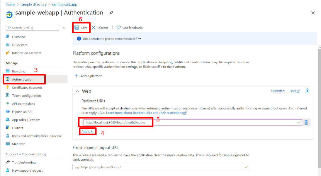 Képernyőkép az Azure Portalról, amelyen a webalkalmazás-hitelesítési oldal látható, kiemelt átirányítási URI-val.