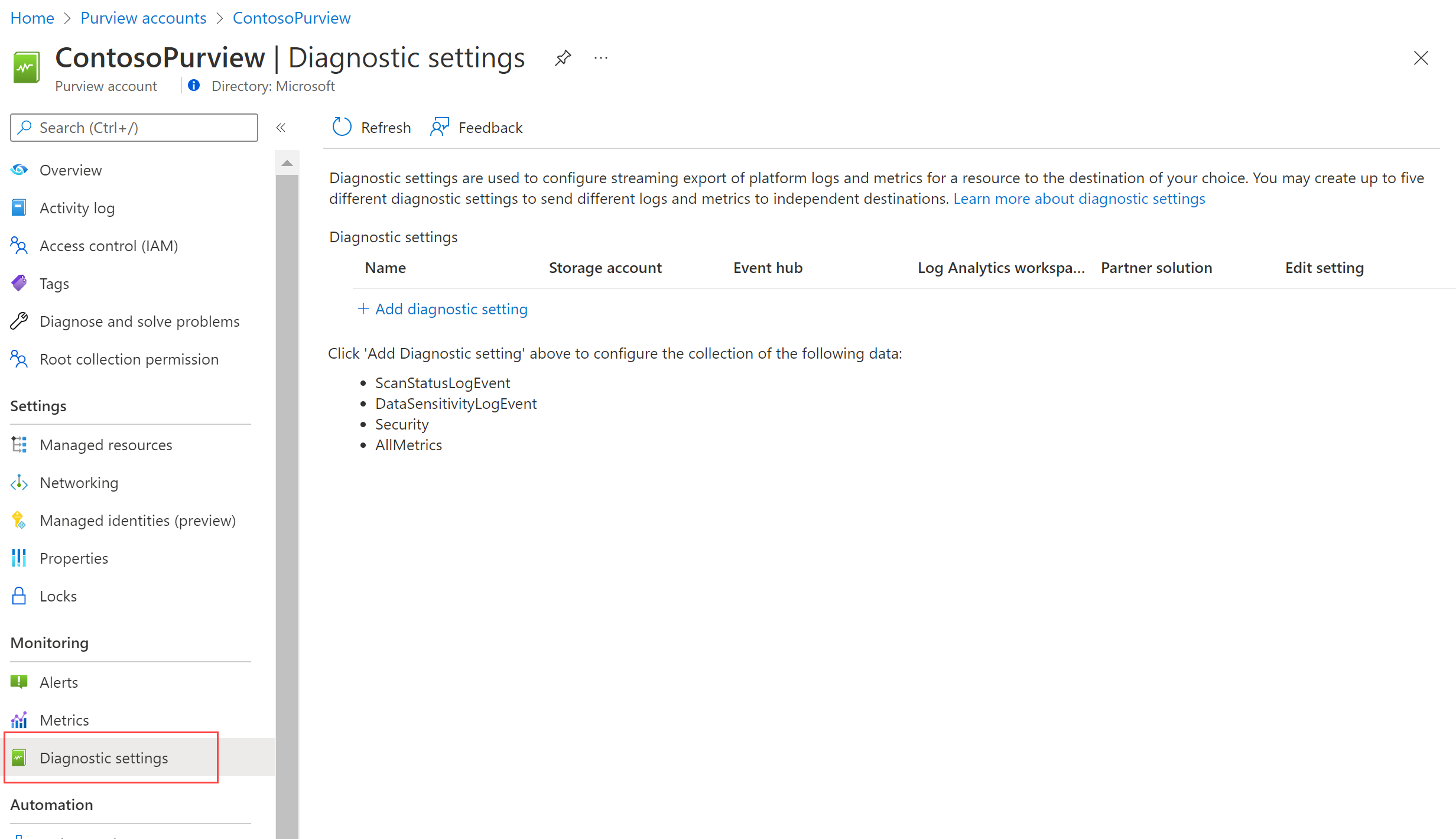 Képernyőkép a Microsoft Purview-fiók Diagnosztikai beállítások lapjáról.
