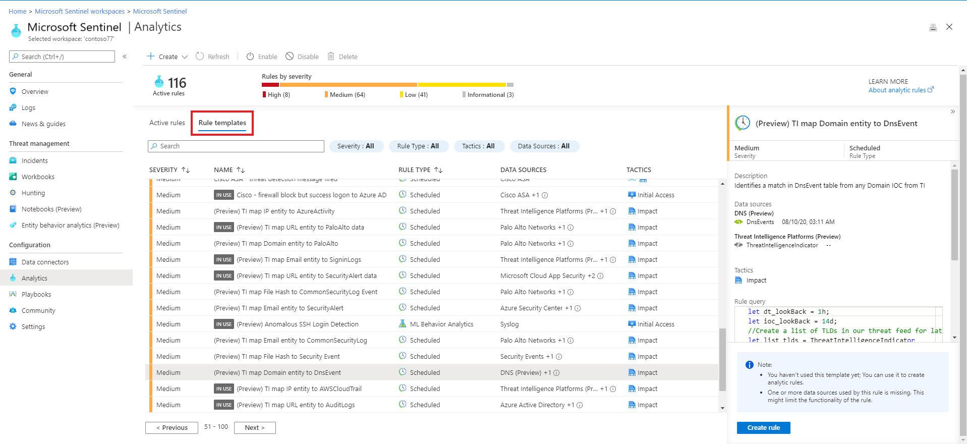 Képernyőkép a Microsoft Sentinellel való fenyegetések felderítésére szolgáló beépített észlelési szabályokról.