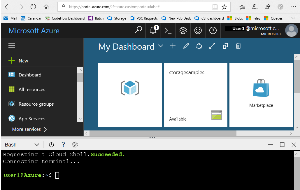 Képernyőkép a portál Cloud Shell ablakával