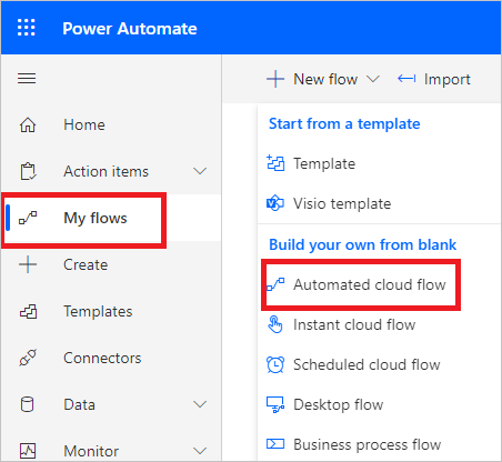 Power Automate create new flow.