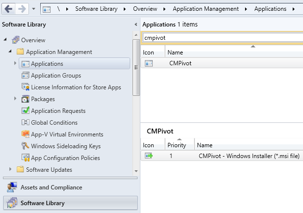 CMPivot a Configuration Manager konzol Alkalmazások csomópontjában.