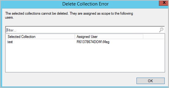Képernyőkép a hozzárendelt felhasználói listáról, ha a gyűjtemény hatókör-hozzárendelés miatt nem törölhető.