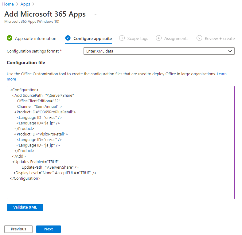 Képernyőkép: Microsoft 365 hozzáadása – Konfigurációtervező – XML-példa.