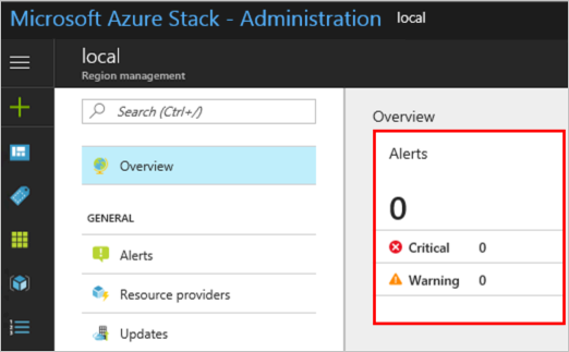 Riasztások csempe, amely figyelmeztetést jelenít meg az Azure Stack felügyeleti portálján