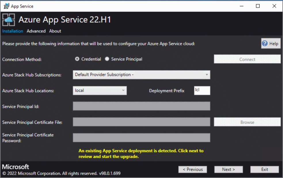 Képernyőkép Azure App Service az Észlelt Azure Stack Hub-telepítésről.