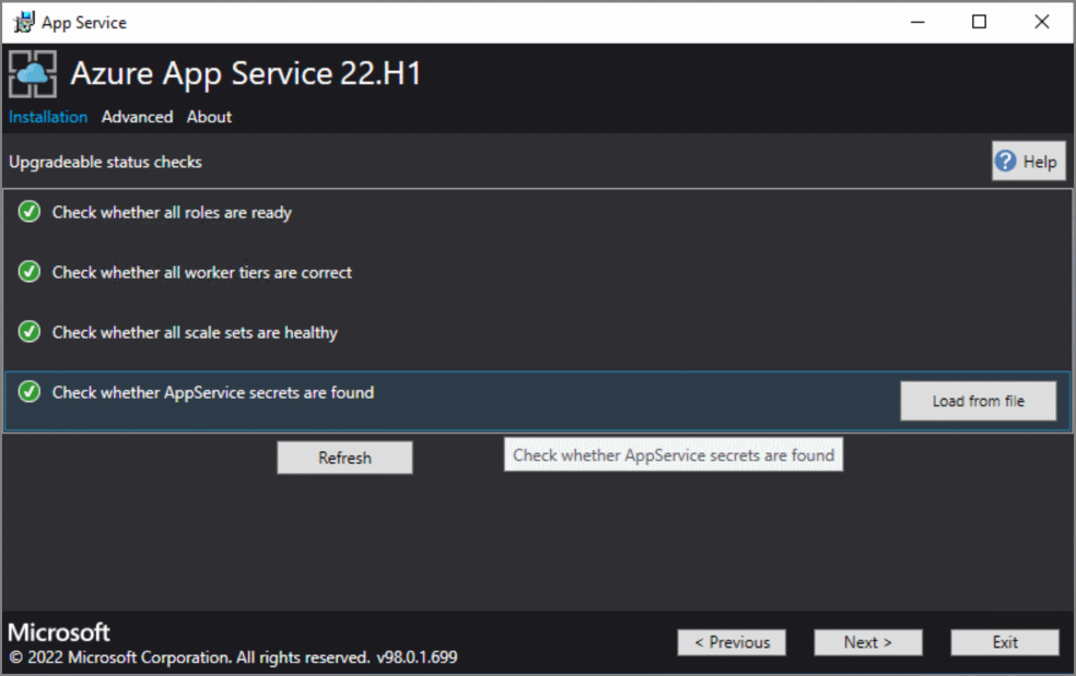Képernyőkép Azure App Service az Azure Stack Hub frissítés előtti állapot-ellenőrzéséről.