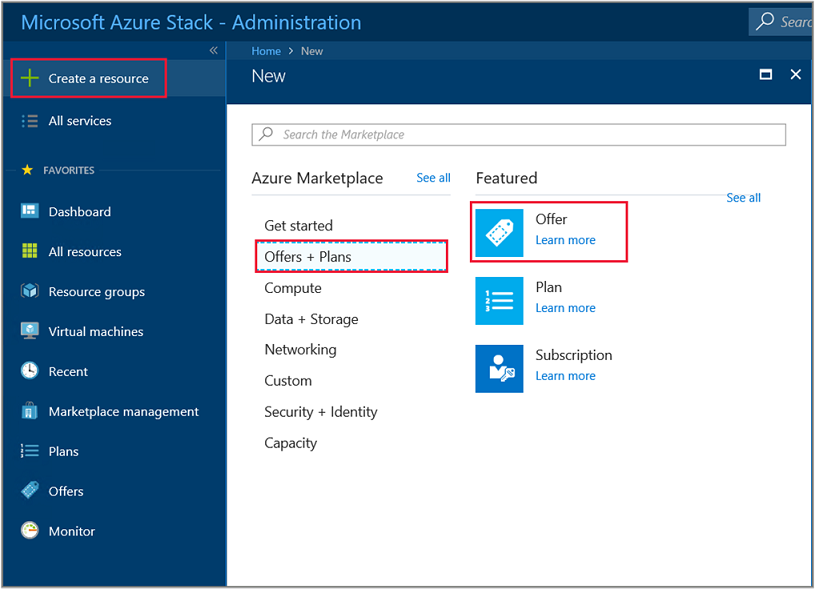 Képernyőkép, amely bemutatja, hogyan hozhat létre új ajánlatot az Azure Stack Hub felügyeleti portálján.