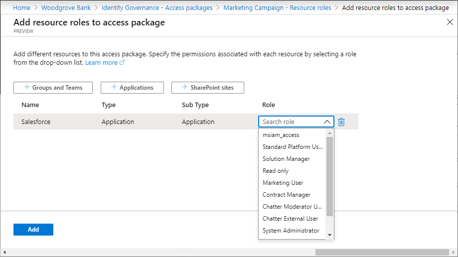 Access-csomag – Erőforrás-szerepkör hozzáadása egy alkalmazáshoz