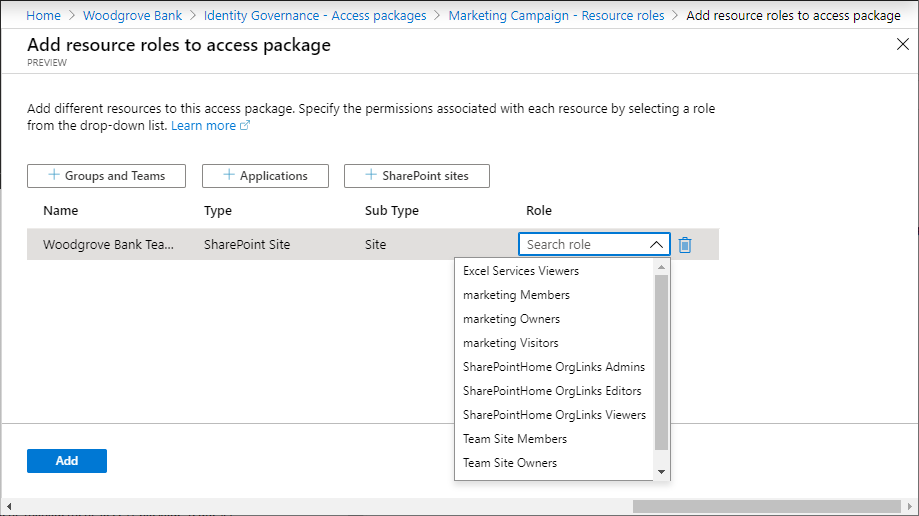 Access-csomag – Erőforrás-szerepkör hozzáadása SharePoint Online-webhelyhez