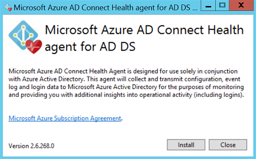 Screenshot showing the Azure AD Connect Health agent for AD DS installation window.