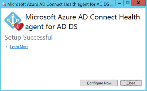 Screenshot showing the window that finishes the installation of the Azure AD Connect Health agent for Azure AD DS.