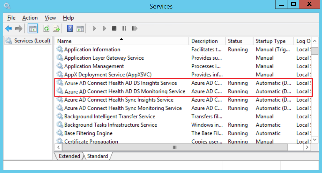 Screenshot showing the running services on the domain controller.