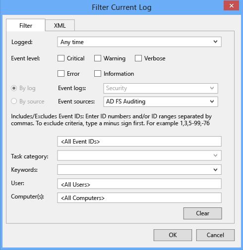 Screenshot showing the Filter Current Log window. In the 