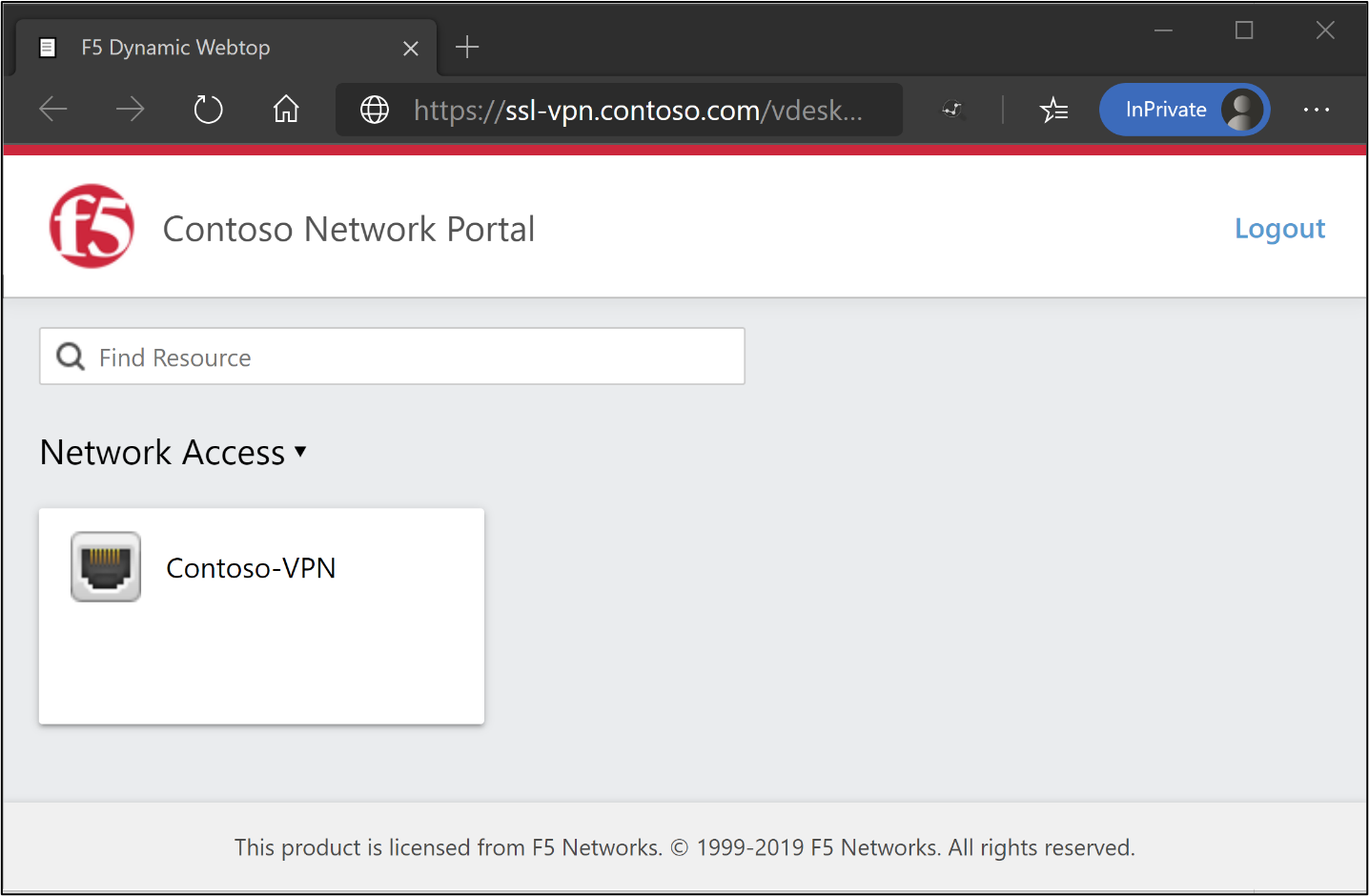 Képernyőkép a Contoso hálózati portál oldaláról a hálózati hozzáférés jelzőjével.