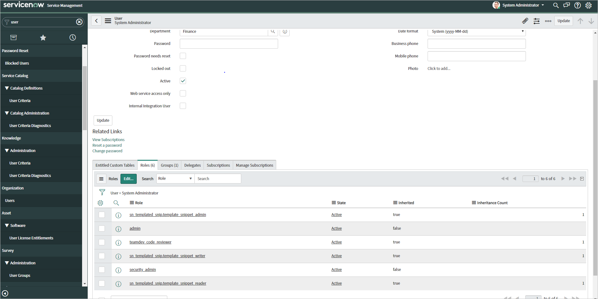 Screenshot that shows a ServiceNow admin role.