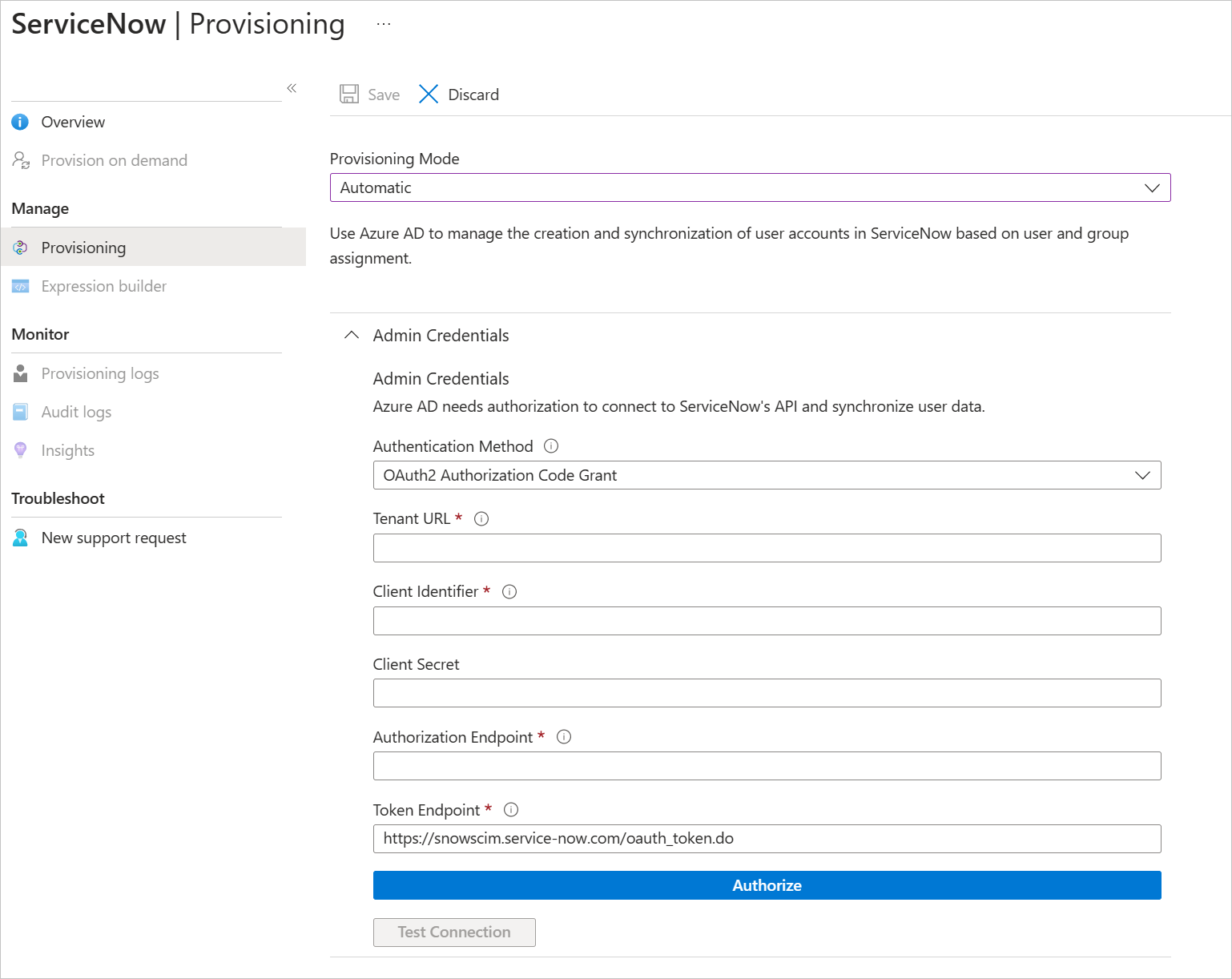 Screenshot that shows the Service Provisioning page, where you can enter admin credentials.