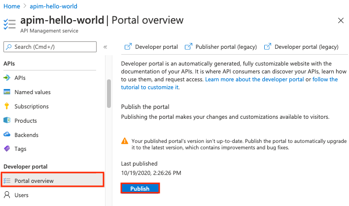 Képernyőkép a fejlesztői portál Azure Portalról való közzétételéről