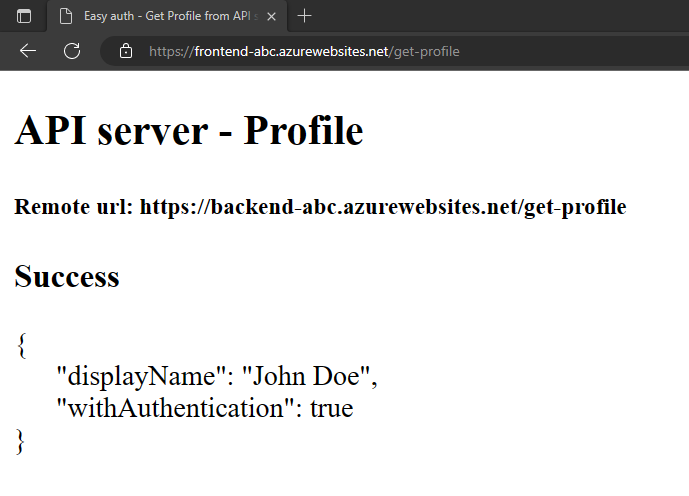 Képernyőkép a webböngészőről, amelyen az előtéralkalmazás látható, miután sikeresen lekérte a hamis profilt a háttéralkalmazásból.