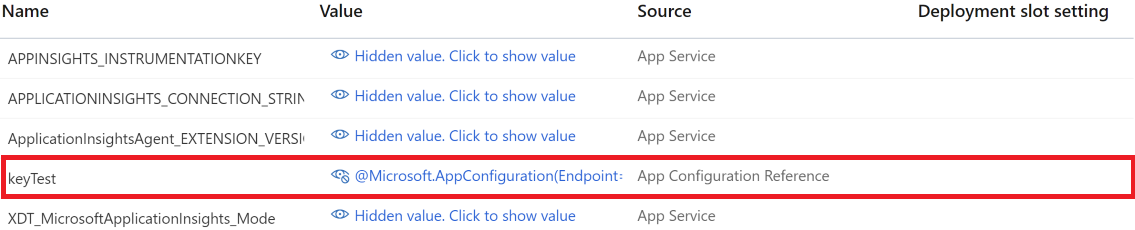 Képernyőkép App Service konfigurációs beállításokról. Exportált App Configuration hivatkozás a App Service(Portál) alkalmazásban.