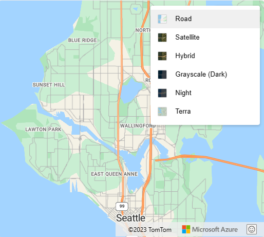 Képernyőkép egy térképről, amelyen a Stílusválasztó vezérlőelem látható, és az elrendezés tulajdonsága listára van állítva.