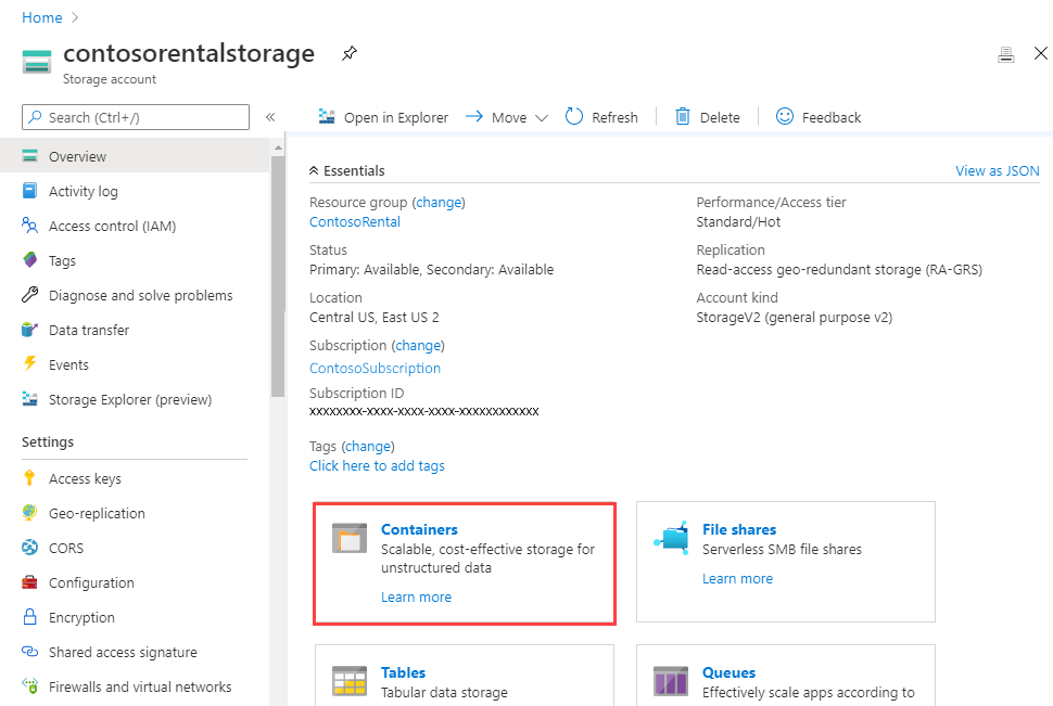 Képernyőkép a Blob Storage tárolóiról.
