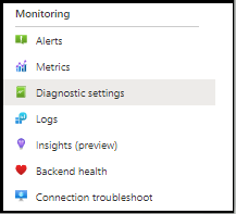 Képernyőkép egy Application Gateway erőforrás diagnosztikai beállításainak konfigurációról.