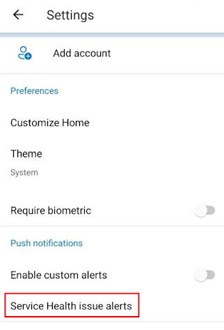 Képernyőkép az Azure-mobilalkalmazás Gépház lapjának Service Health-problémákra vonatkozó riasztási szakaszáról.