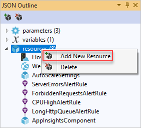 Screenshot shows the JSON Outline window with the Add New Resource option highlighted.