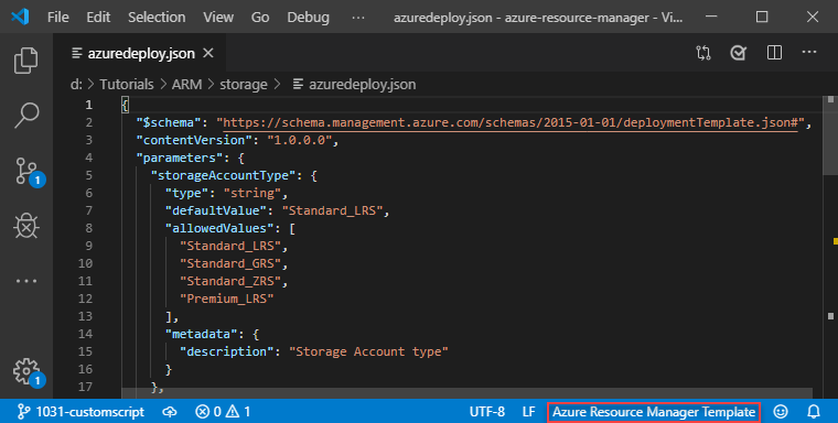 Képernyőkép a Visual Studio Code-ról az Azure Resource Manager sablon módban.