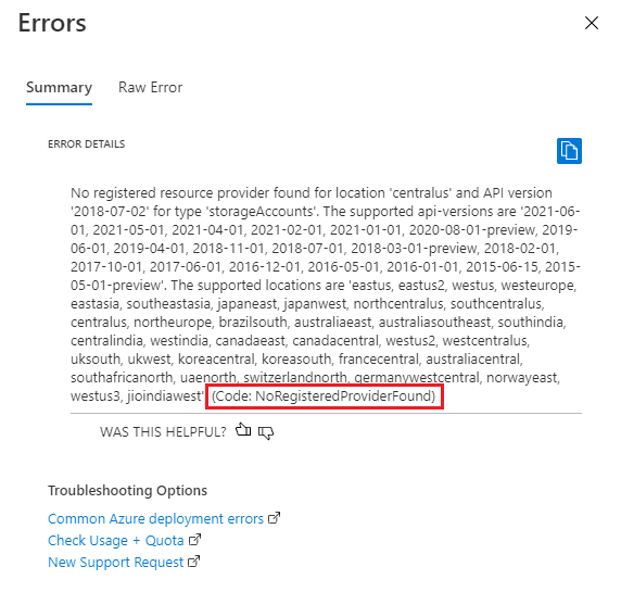 Képernyőkép az üzembehelyezési hibák összegzéséről a Azure Portal, amely a NoRegisteredProviderFound hibaüzenetet és hibakódot jeleníti meg.