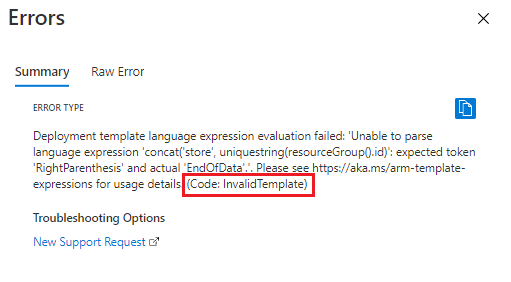 Képernyőkép egy érvényesítési hibaüzenetről a Azure Portal, amely egy InvalidTemplate hibakódot tartalmazó szintaxishibát jelenít meg.