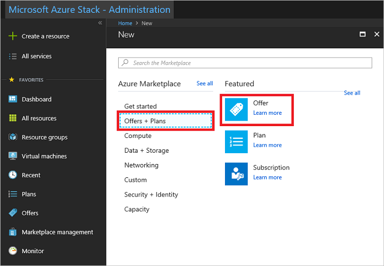 Képernyőkép arról, hogyan hozhat létre ajánlatot az Azure Stack Hubban.