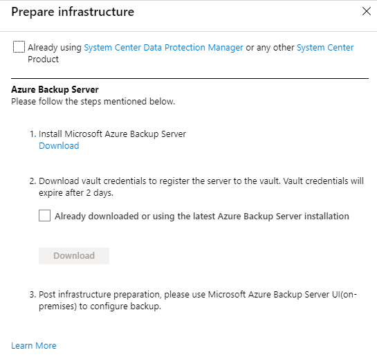 Képernyőkép az Azure Backup Server infrastruktúrájának előkészítésének lépéseiről.