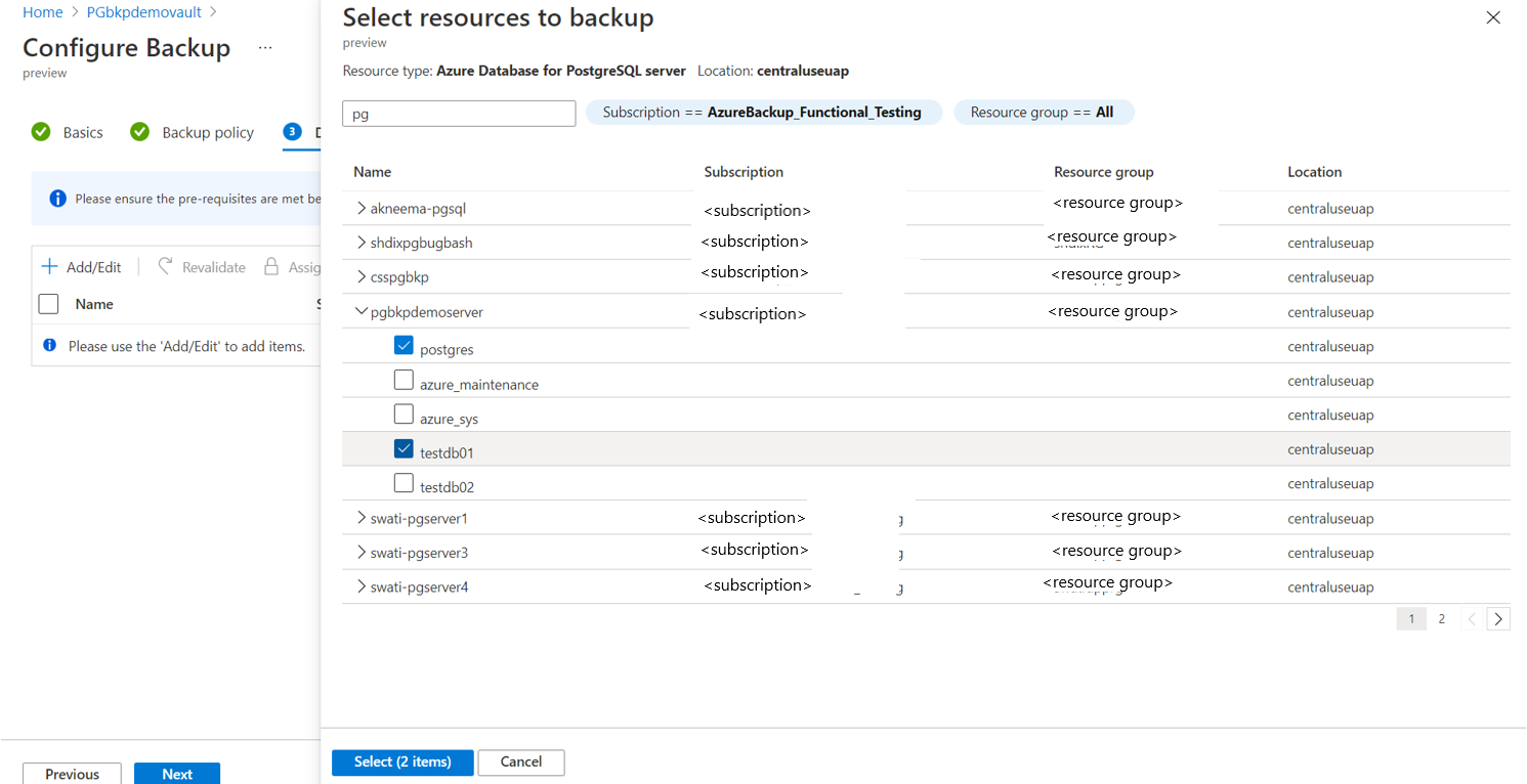 Képernyőkép az Azure PostgreSQL-kiszolgáló kiválasztásáról.
