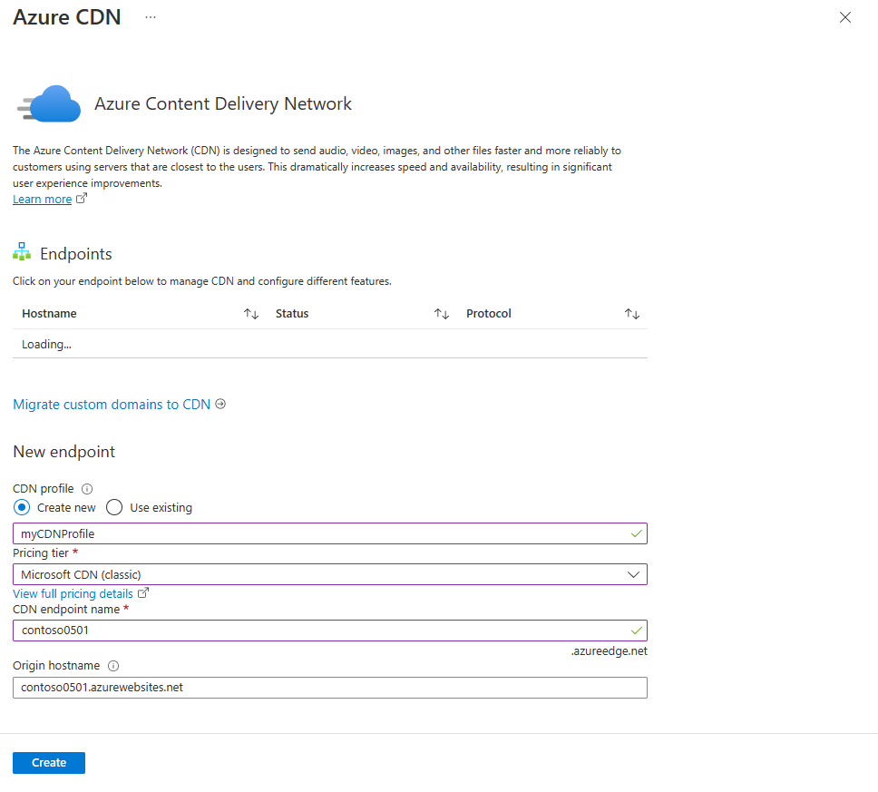 Képernyőkép az Azure Content Delivery Network-profil és -végpont portálon való létrehozásáról.