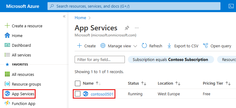 Képernyőkép egy App Service-alkalmazás kiválasztásáról a portálon.
