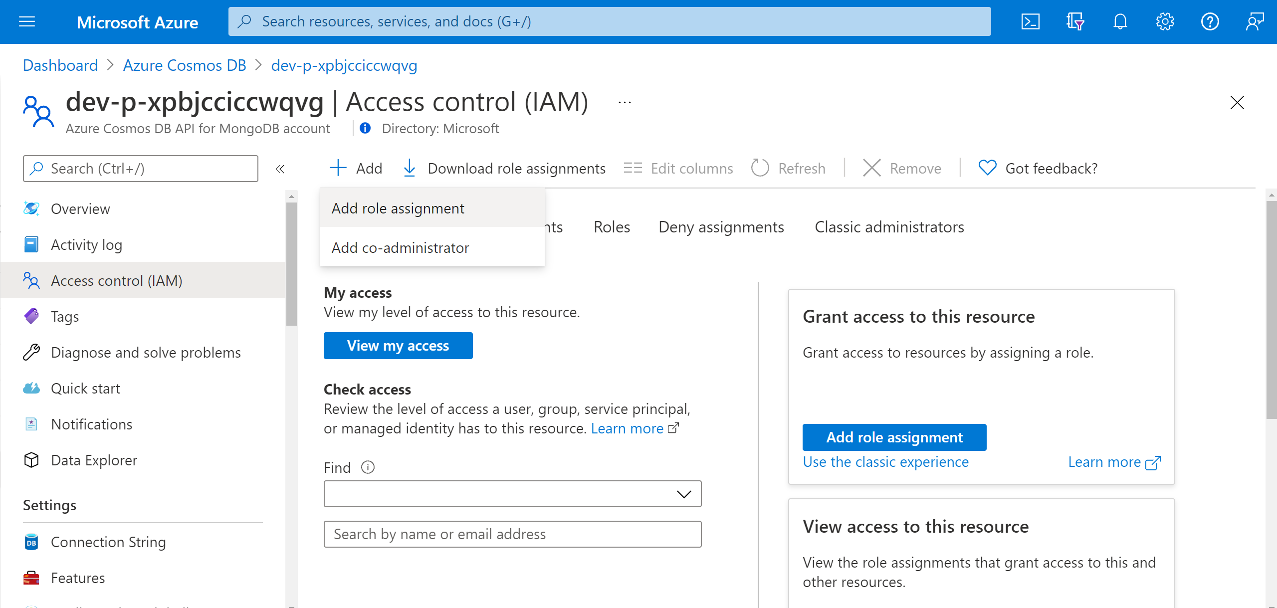 Screenshot that shows the Access control overview.