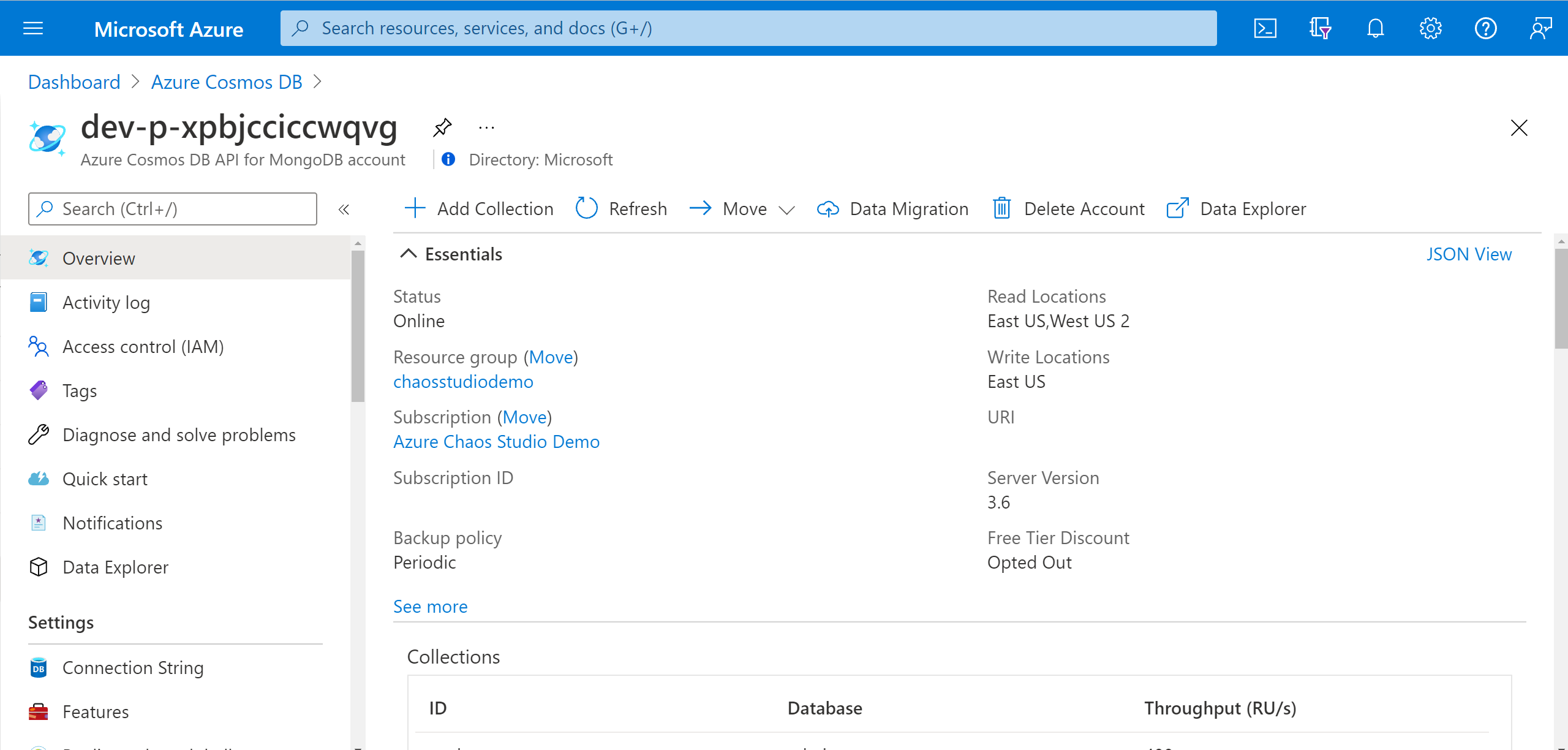 Screenshot that shows the Azure Cosmos DB Overview page.