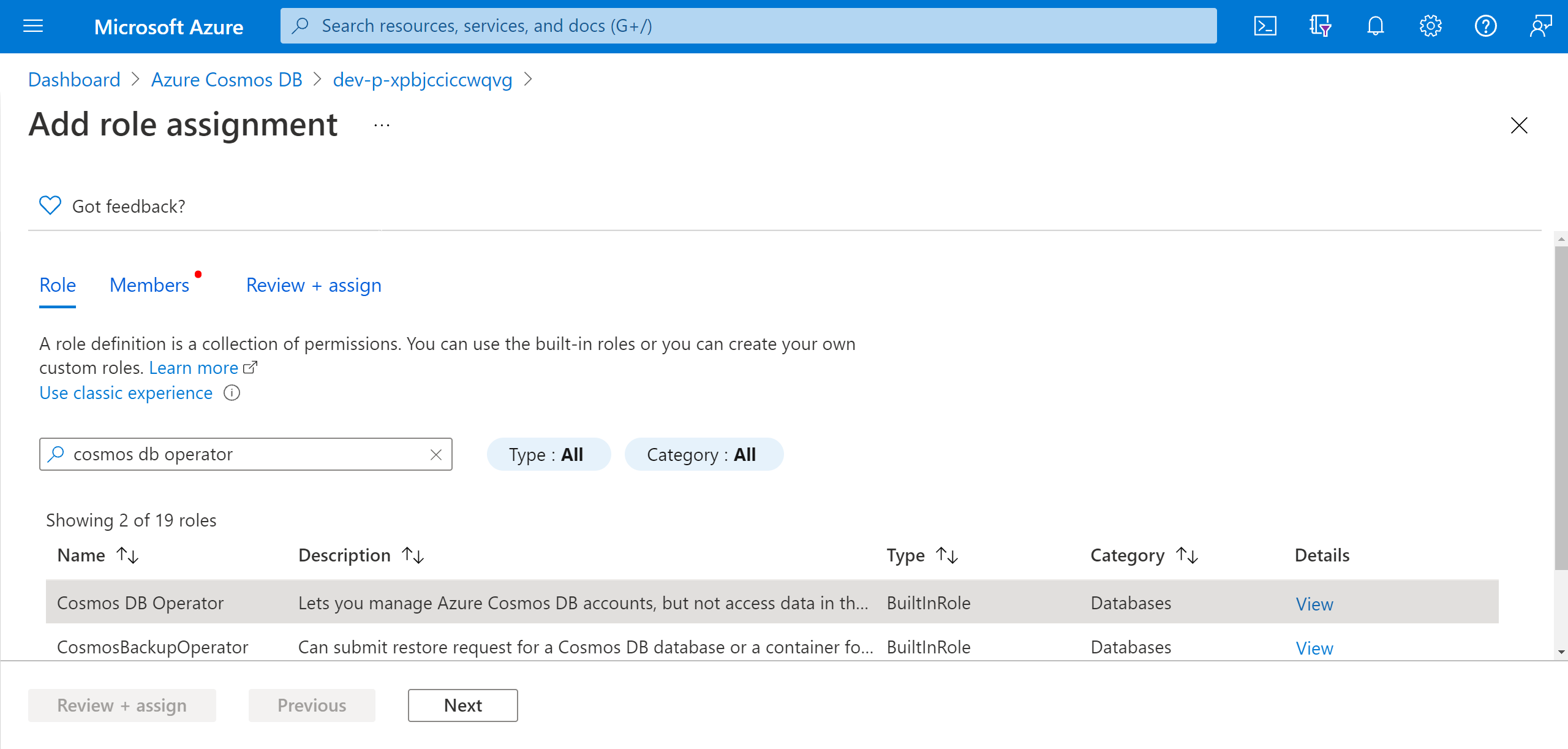 Screenshot that shows assigning the Azure Cosmos DB Operator role.